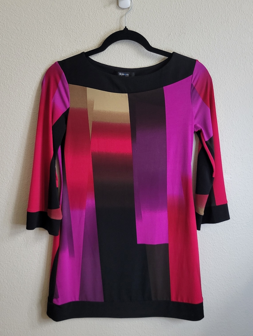 Style & Co. Petite Colorblock W Red/Purple/Black Tunic Dress W 3/4 Sleeves Sz PP